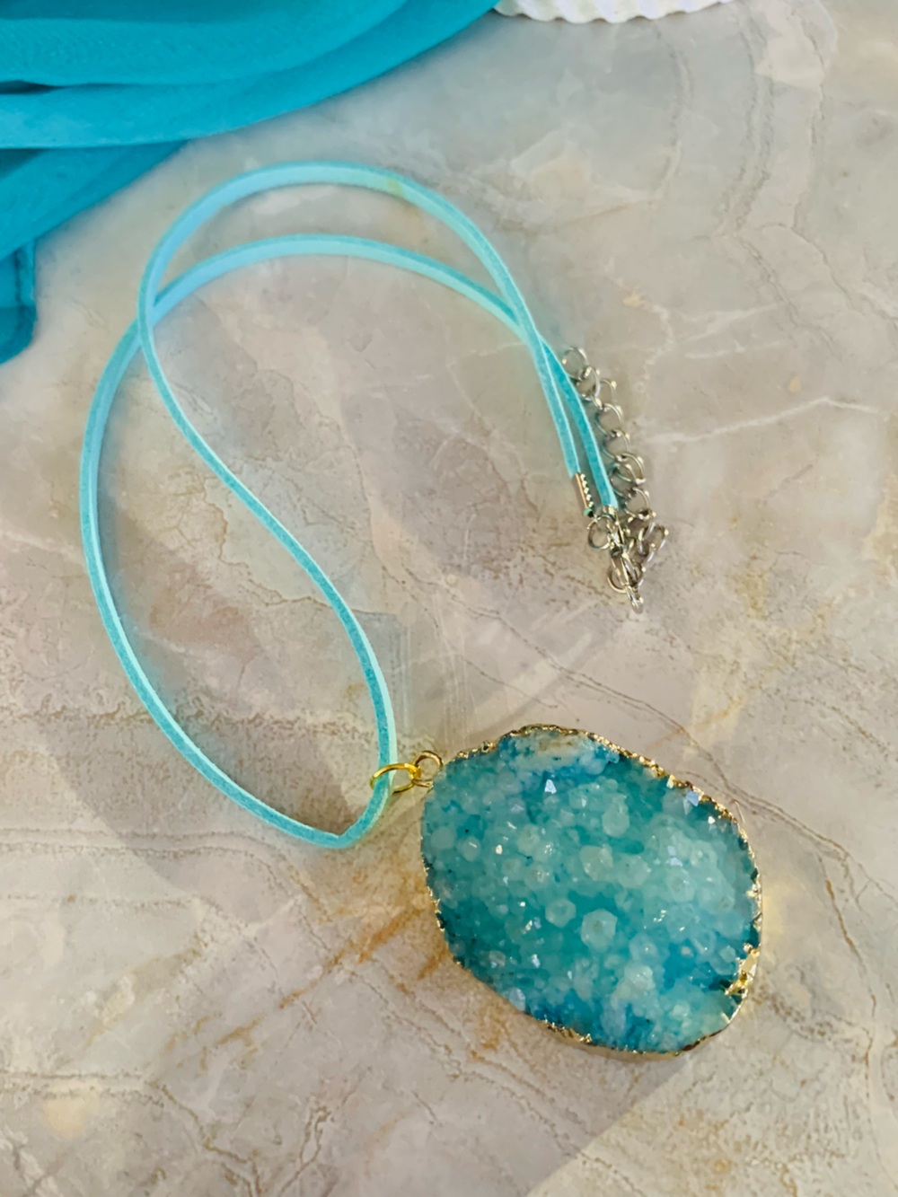 Blue Druzy Geode Stone Pendant Necklace with Gold Edge